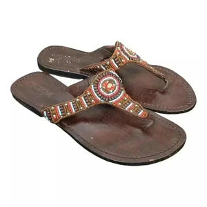 Mystique Sandals Flat Thong Beaded Jeweled Brown Leather Women's 9